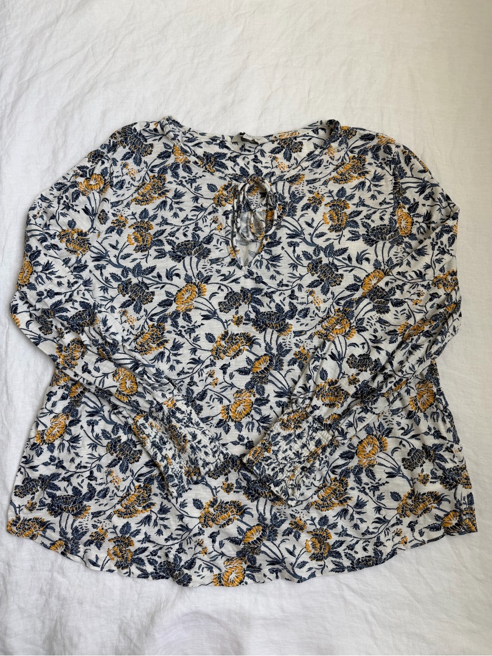 Lucky Brand Floral Tie-Neck Blouse - Mustard & Navy on Cream